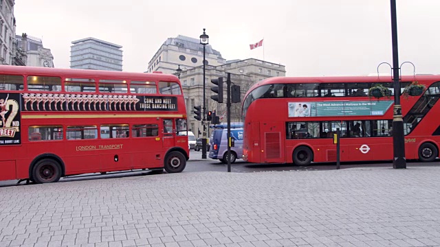 在伦敦特拉法加广场上的老式和新式双层红色巴士视频素材
