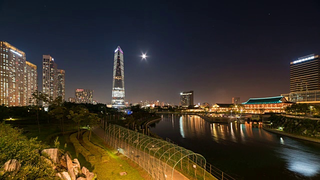 松岛(国际商务区)中央公园和东北亚贸易大厦(韩国第二高楼)视频素材