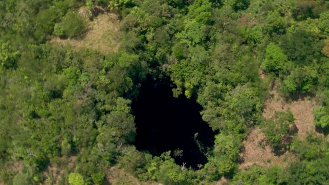 牙买加的一个深洞被热带雨林包围着。视频下载