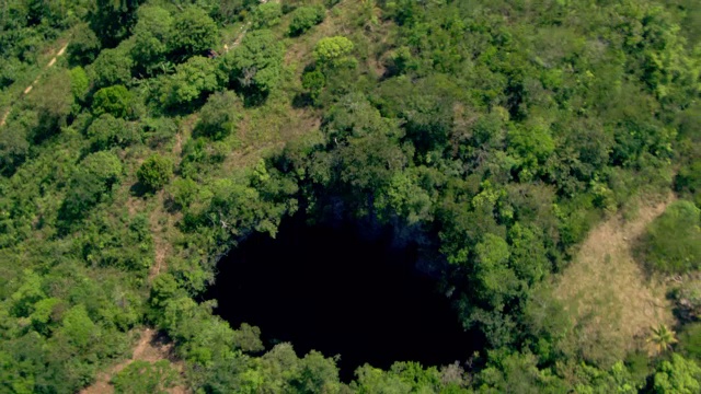一条穿过热带森林的道路经过牙买加的一个大天坑。视频下载