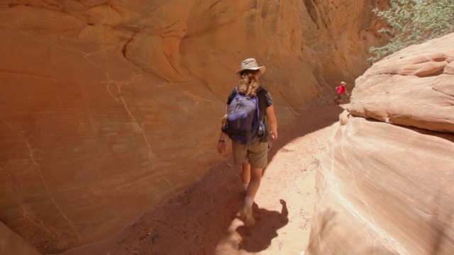 一个年轻的徒步旅行者男孩和一个年轻的徒步旅行者女孩和他们的母亲跑下一条小径在一个狭窄的红色摇晃的峡谷视频素材