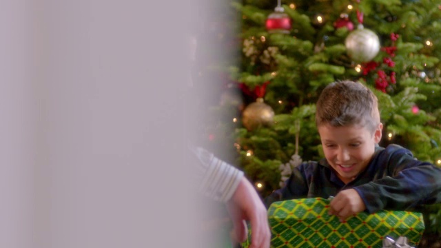 在圣诞树下，当男孩泪眼汪汪地变成包装纸时，爸爸妈妈笑了(多莉照片)视频素材