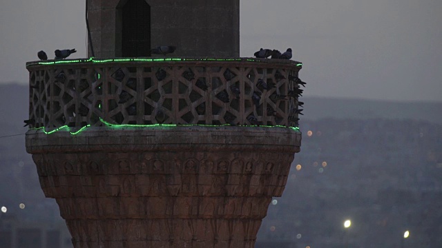 鸽子在乌尔法的梅夫里德哈利勒尖塔上筑巢视频素材