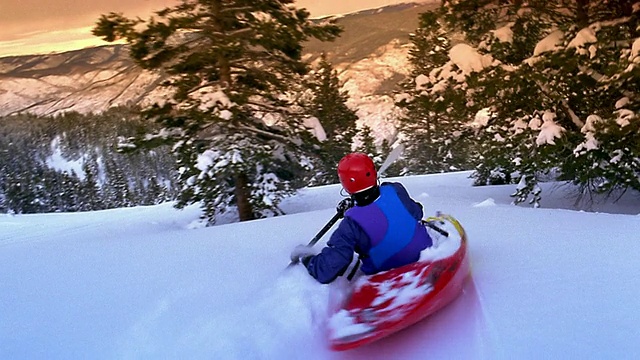 后方视角的人雪上皮艇下山和转弯过去的树与山的背景/阿斯彭，CO视频下载