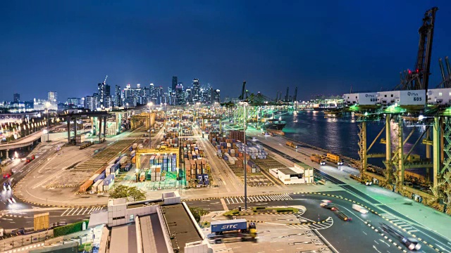 T/L白天到晚上的时间推移，新加坡的货运集装箱港口前的金融区和天际线视频素材