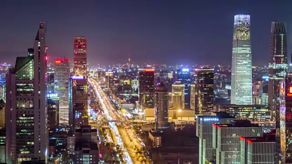 T/L MS HA PAN北京CBD地区夜间鸟瞰图视频下载