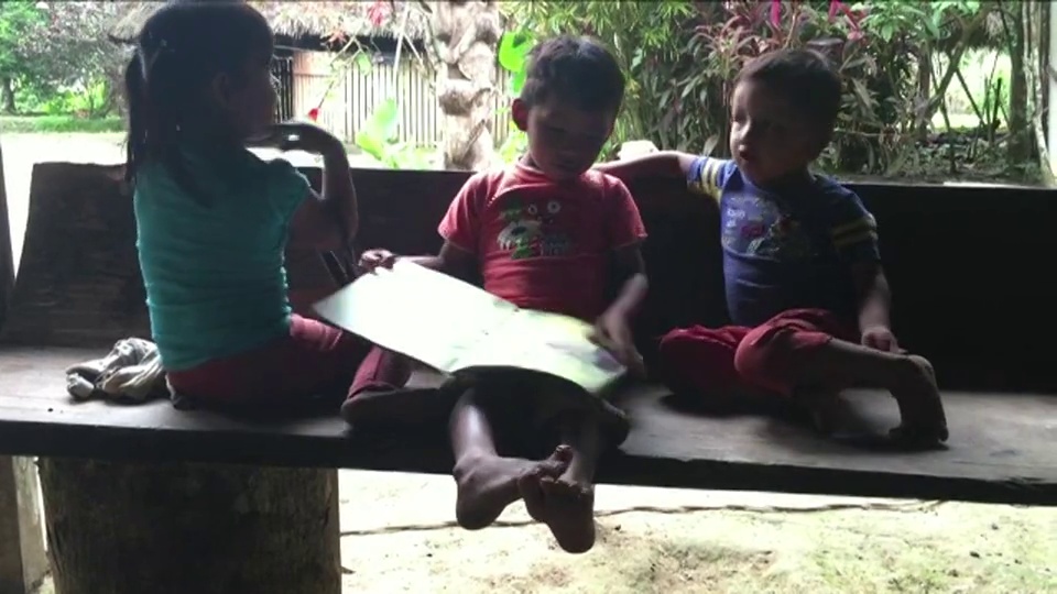厄瓜多尔亚马逊土著自治地区萨拉亚库的基奇瓦族印第安儿童在他们共同的家中阅读双语书籍。视频素材