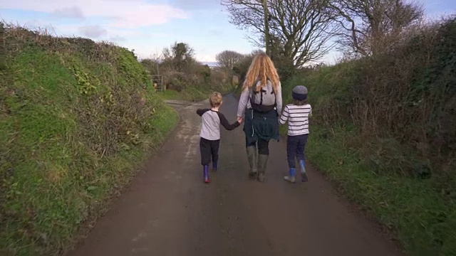 年轻的一家人走在乡间小路上视频素材