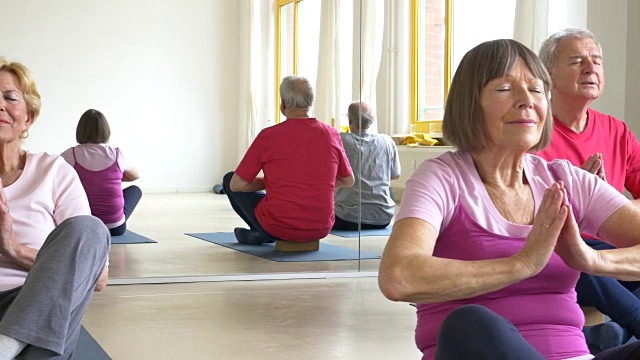 老年人与瑜伽老师一起冥想视频素材