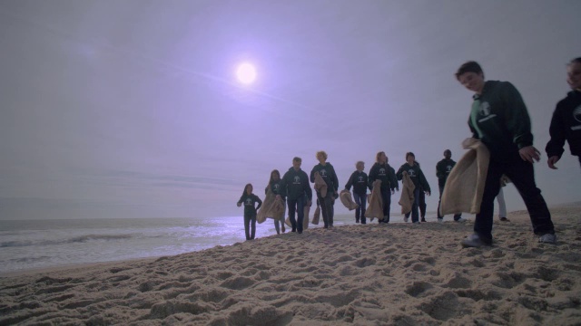 一群志愿者一起沿着海滩散步。视频素材