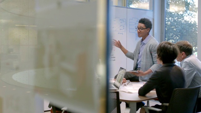 时髦的年轻商人在办公室会议室主持会议，指着白板上的数字(摄影车拍摄)视频素材