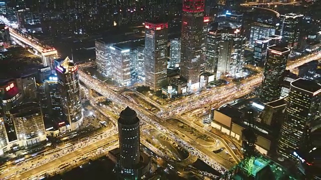 T/L MS HA ZO北京CBD地区夜间鸟瞰图/中国北京视频下载