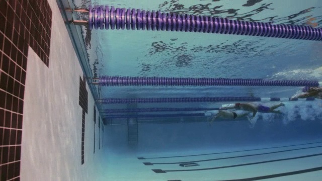 游泳运动员在自由泳比赛中触壁而结束。视频素材