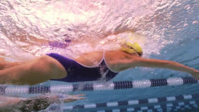 游泳运动员在游泳池中比赛时使用的是前泳技术。视频素材