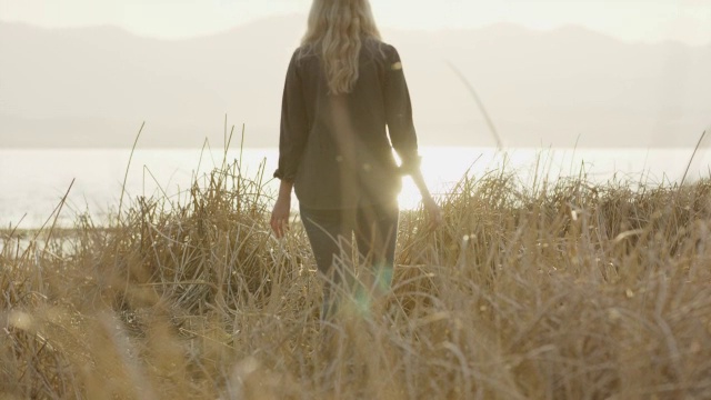 慢动作中镜头的女人走过田野的高草在日落/葡萄园，犹他州，美国视频素材