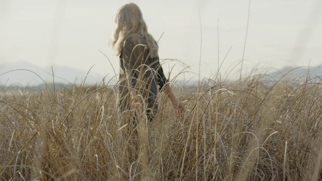 慢动作中跟踪拍摄的女人走过高草的田野/葡萄园，犹他州，美国视频素材