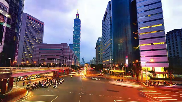 台北市景和台北101大厦，日落到夜晚视频下载
