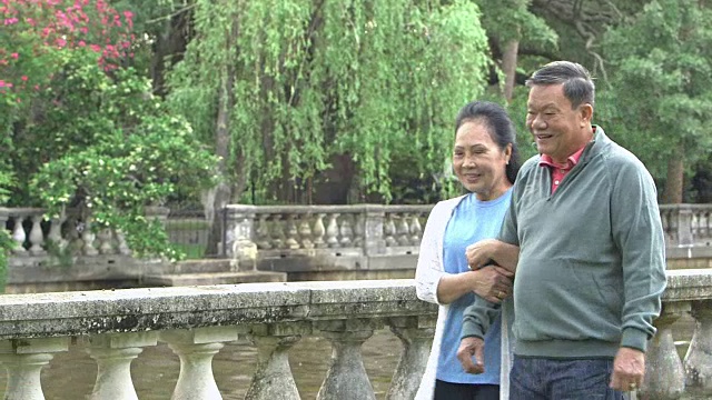一对亚洲老夫妇在公园散步视频素材