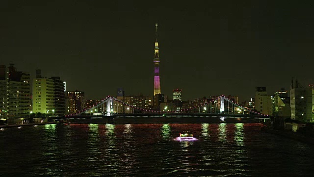 照亮日本东京的东京天空树塔和清须桥视频素材