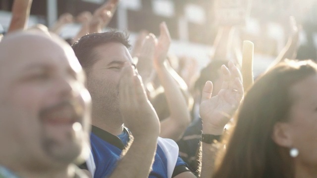 Stadium crowd cheers at football game, various high-fives视频素材