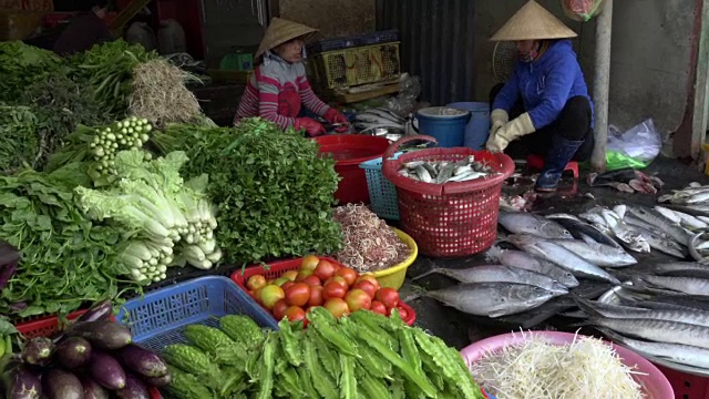 在街市上卖鱼和蔬菜的妇女视频下载
