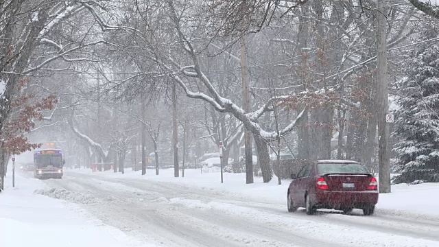 公共汽车和汽车在积雪覆盖的道路上行驶视频素材