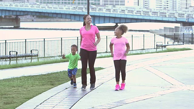 带着两个孩子在海滨公园散步的女人视频素材