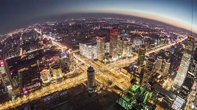 T/L HA TD Fish eye View of Beijing Urban Skyline, Dusk to Night Transition /北京，中国视频素材
