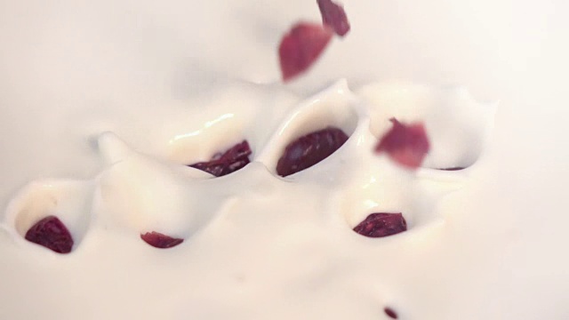 三段蔓越莓落入酸奶的慢动作视频视频下载