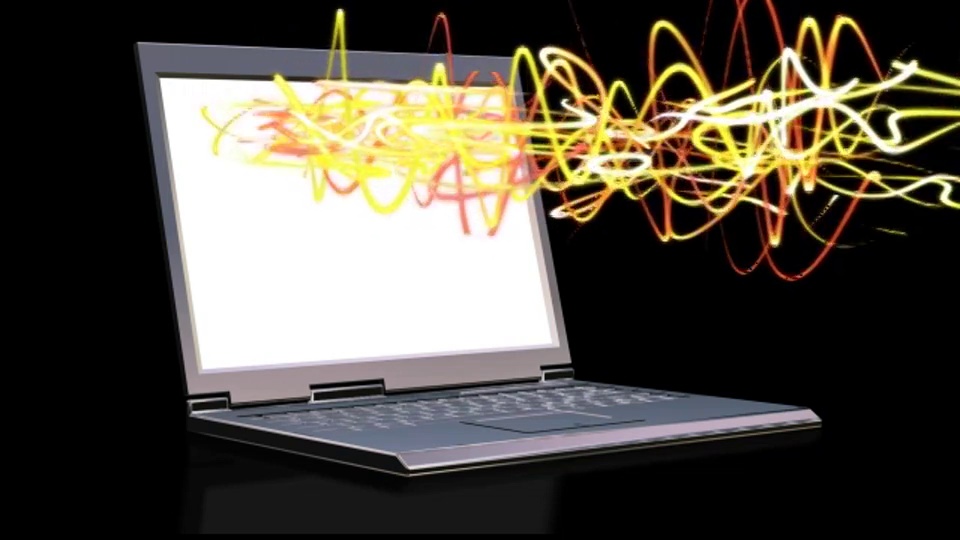 抽象的光线从笔记本电脑的白色屏幕喷出并飘走。视频下载