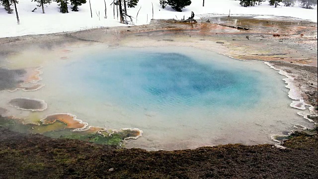 黄石国家公园喷泉油漆桶附近的蓝宝石池，冬天视频下载