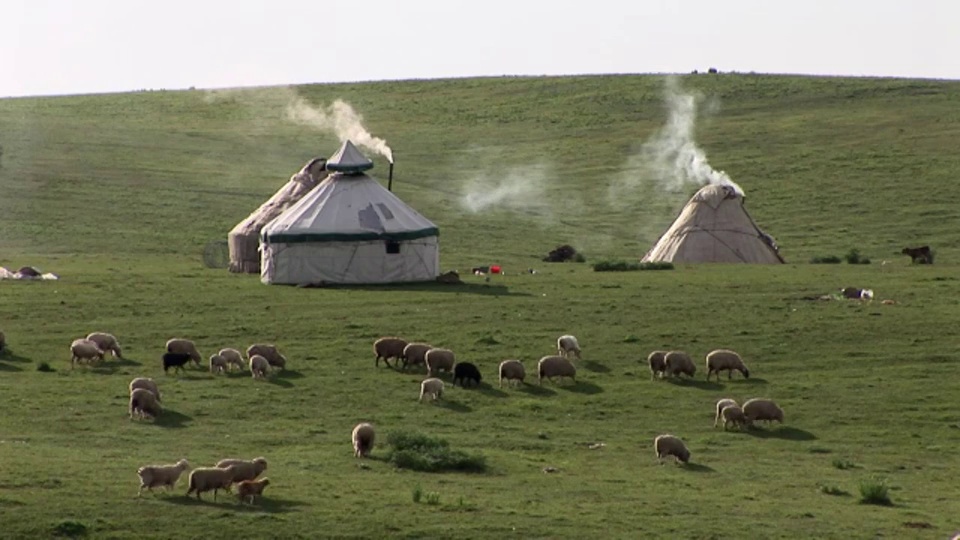 草原上的帐篷冒起了烟。视频下载