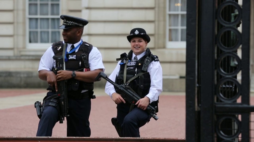 英国伦敦，全副武装的警察守卫着白金汉宫的大门。视频下载