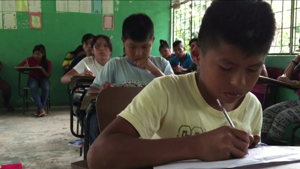 在厄瓜多尔亚马逊的萨拉亚库的土著自治地区，基奇瓦族印地安人正在学习英语，参加期末考试。视频素材