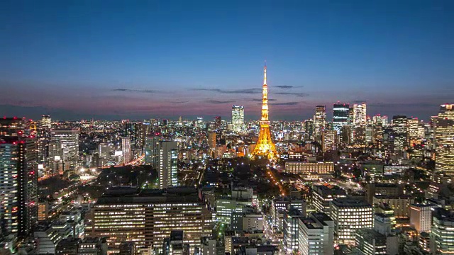 时间流逝在黄昏时间东京塔城市景观，东京天际线关东日本视频素材