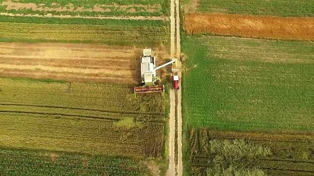 空中联合收割机和田里的拖拉机视频素材