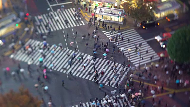 亚洲，日本，东京，涩谷，涩谷人行横道——人群穿过位于涩谷时尚购物和娱乐区中心的著名人行横道——高架景观视频素材