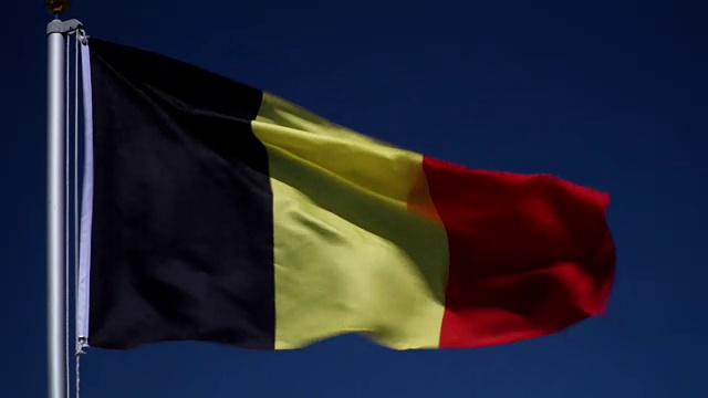 4K:蓝天户外旗杆上悬挂比利时国旗(比利时)视频下载