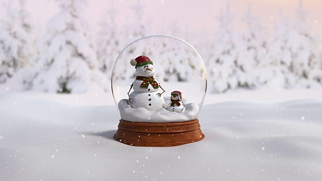 圣诞雪花球4K循环动画与父亲和儿子雪人视频素材