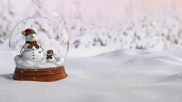 圣诞雪花球4K动画与父亲和儿子雪人在暴风雪视频素材