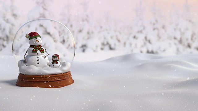 圣诞雪花球4K动画与父亲和儿子雪人。放大镜头动作视频素材