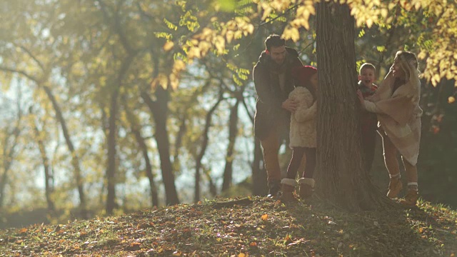 爱玩的家庭在秋天的一天在森林里玩。视频素材