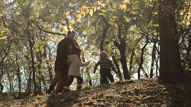 好玩的家庭在秋天的一天在森林里玩。视频素材