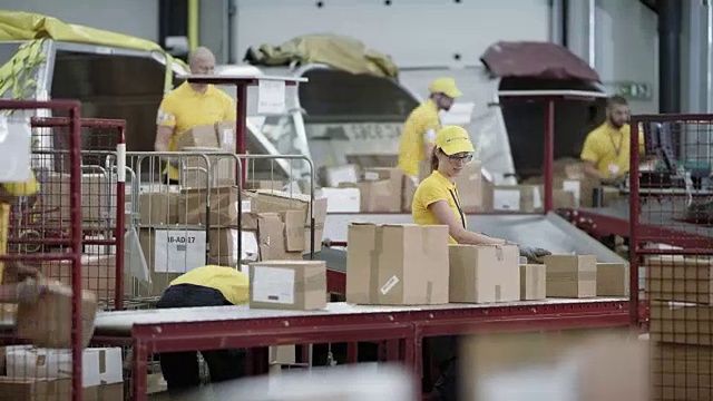 延时邮政工作人员忙着卸下飞机运输集装箱视频素材