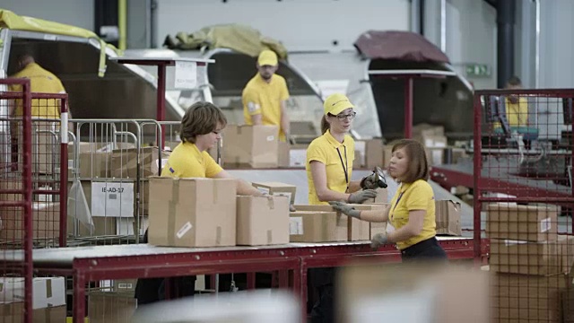 邮政工人忙着卸下空运集装箱视频素材