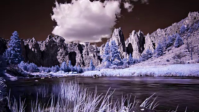 在俄勒冈州史密斯岩石州立公园，云朵掠过弯曲河视频下载