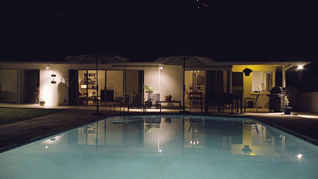 WS外部洛杉矶家和游泳池在晚上视频素材