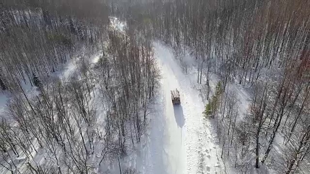 无人机拍摄沿着森林道路运送木材的卡车视频素材