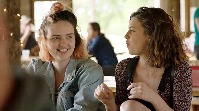 两位姐妹谈笑风生，在风大的野餐桌上做手势。视频素材