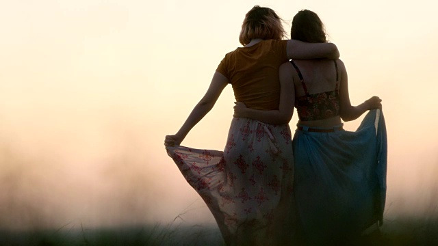 日落时分，穿着飘飘衣裙的姐妹们挽着胳膊站在麦田里。视频素材
